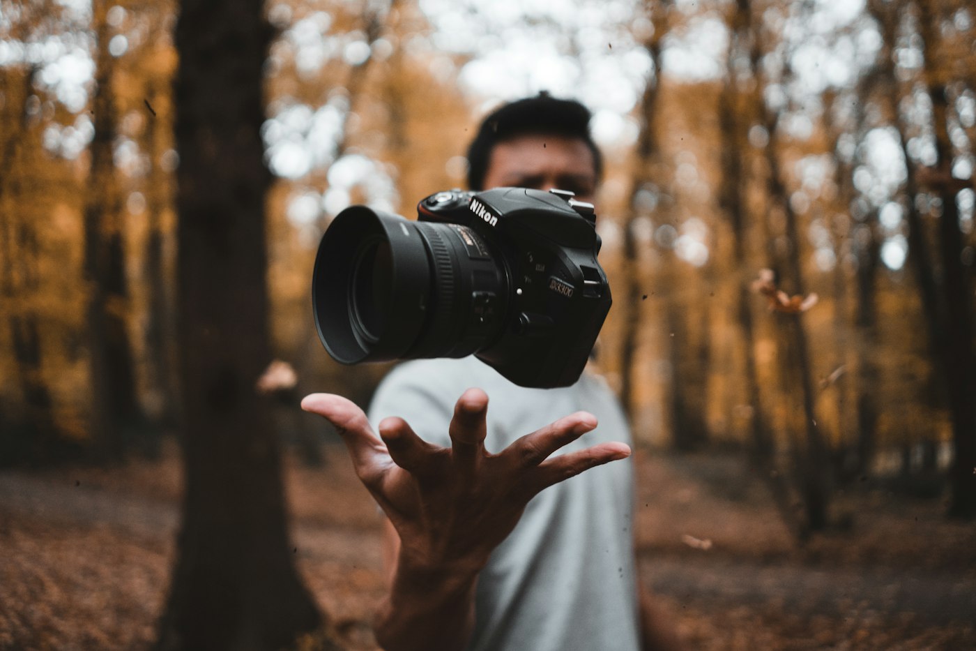 Photographer raising a camera to their eye in an autumn forest